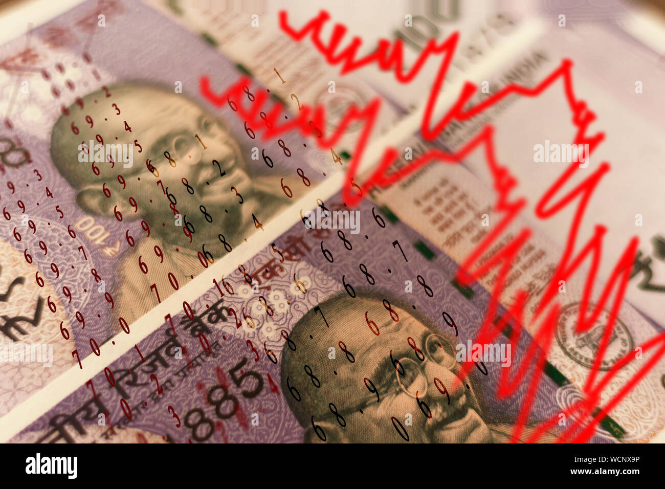 Concept of Economic slowdown showing with Indian currency notes, graphes and numbers Stock Photo