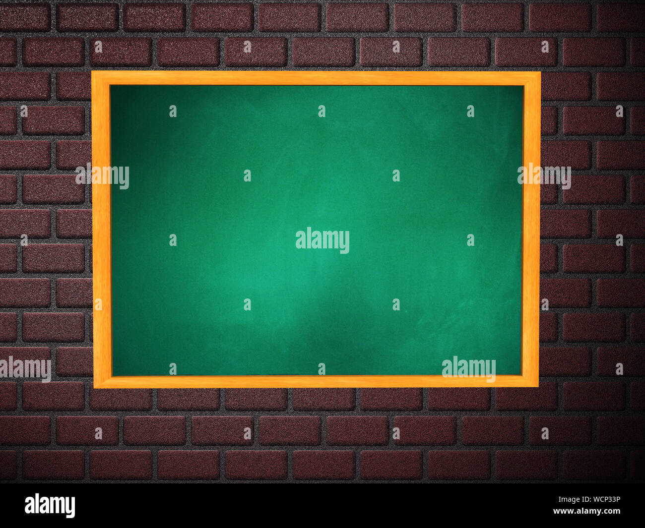 Illustration of blank green chalkboard in wooden frame on brick wall ...