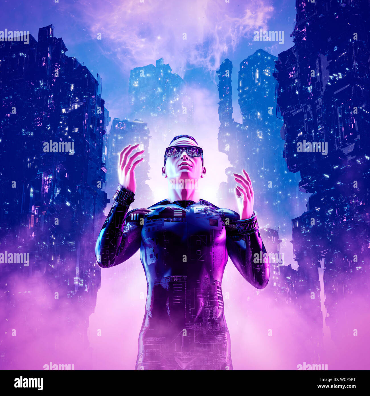 Neon night hero / 3D illustration of man with sunglasses in futuristic neon lit cyberpunk city Stock Photo