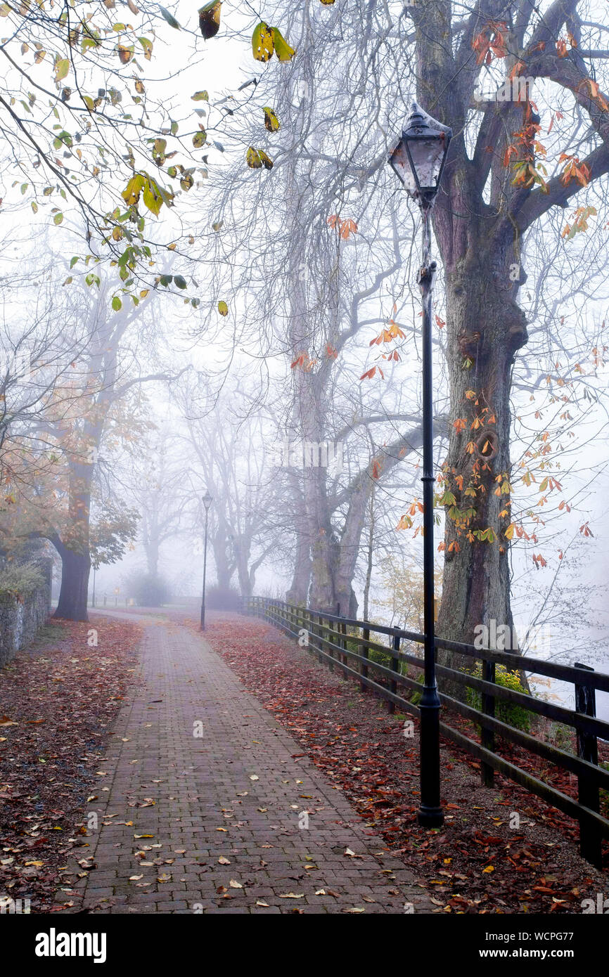 The Mall walkway with streetlamps beside River Suir on a foggy morning, Cahir, Tipperary, Ireland Stock Photo