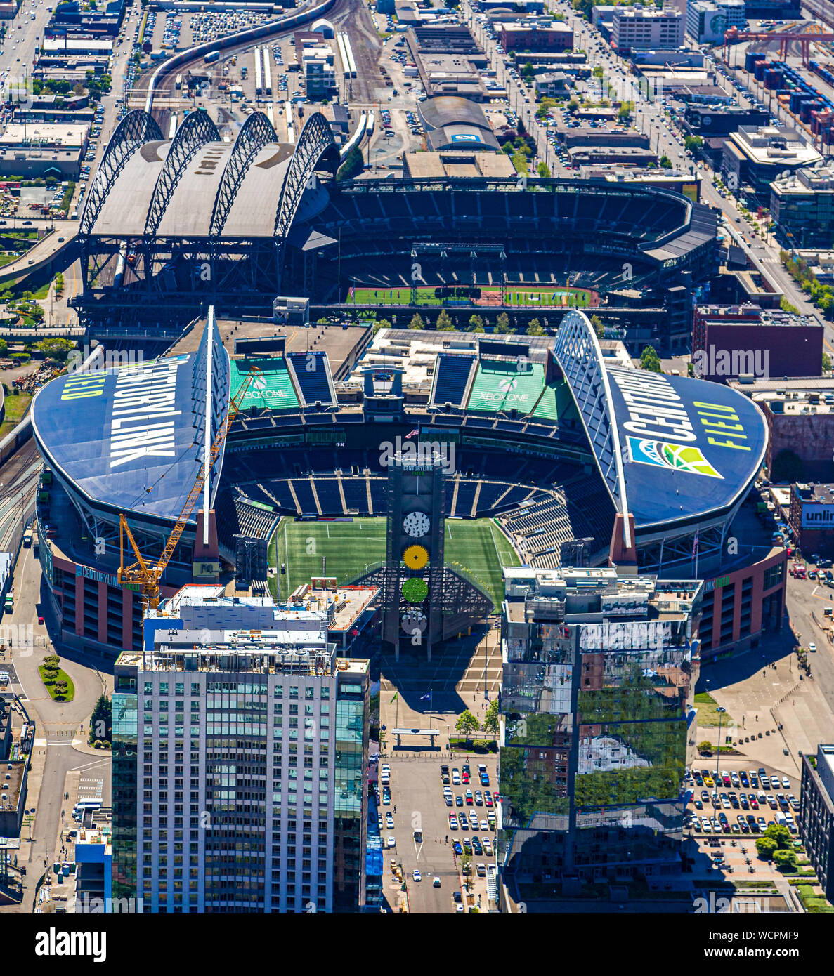 View of CenturyLink field with the roof open in Seattle, Washington from above Stock Photo