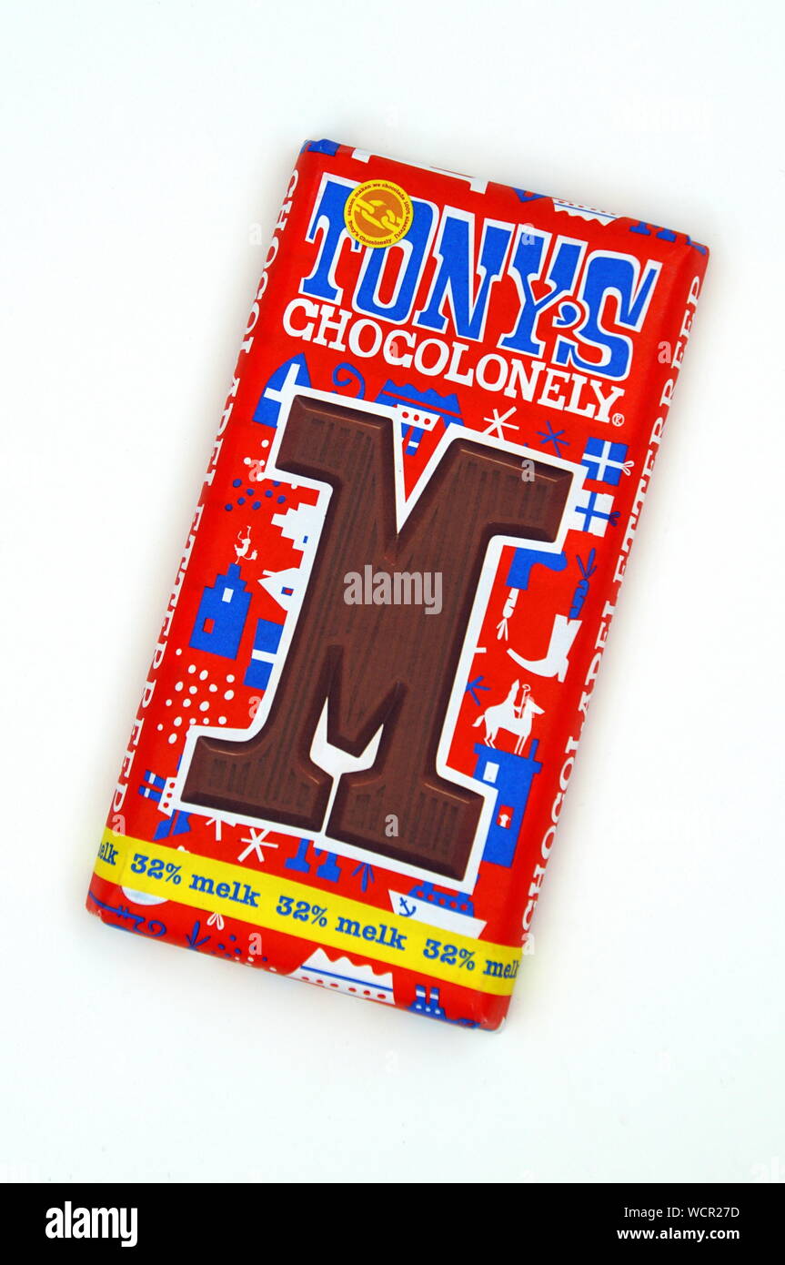 Amsterdam, The Netherlands - November 9, 2018: Package of Tony's Chocolonely letter M. Stock Photo