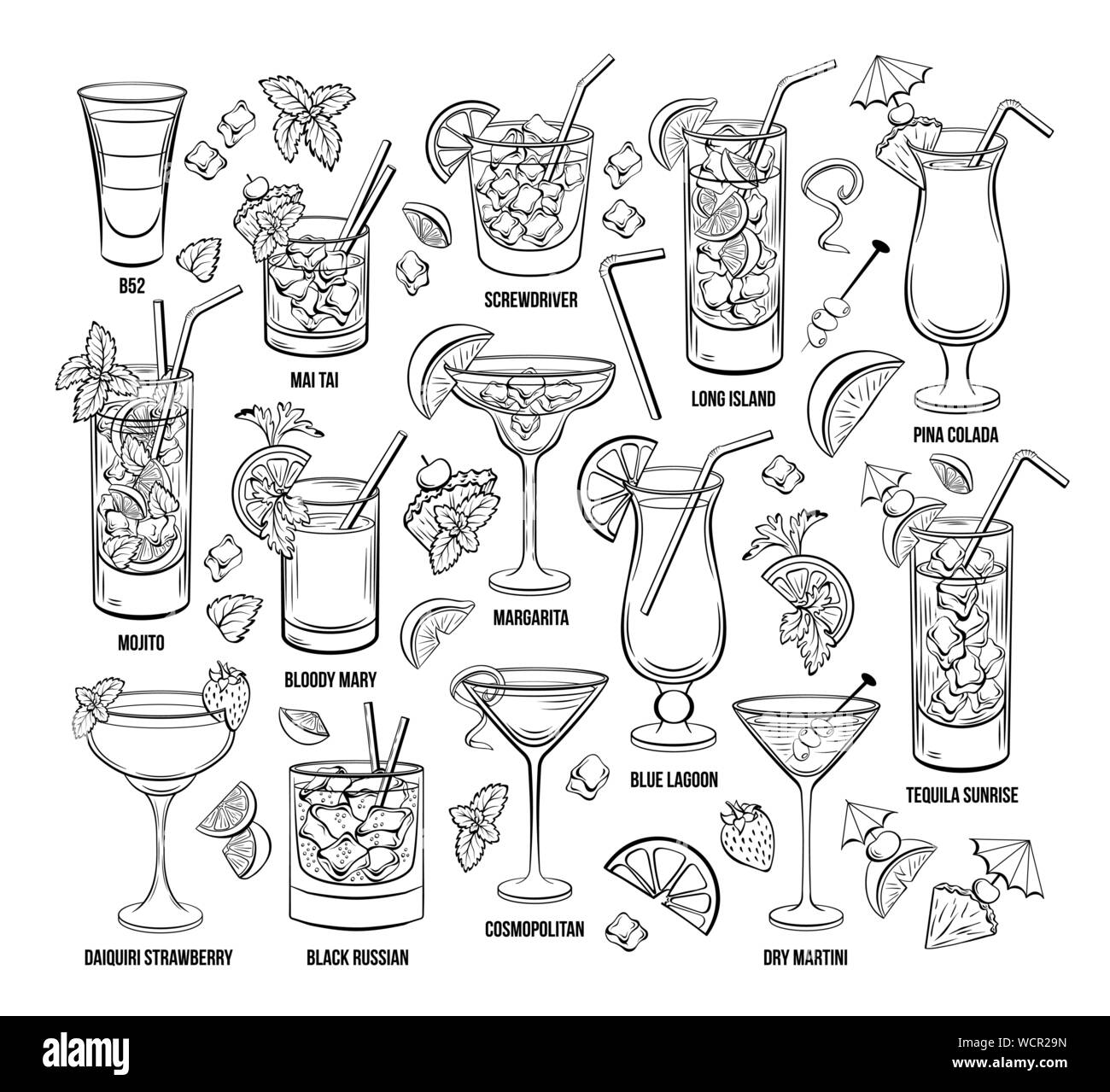 Summer Alcoholic Cocklails Set. Hand Drawn Beverages or Drinks. Engraving Menu or Poster for Beach Party vector illustration. Cosmopolitan, margarita, Pina Colada, Long island, Bloody Mary, mai tai Stock Vector