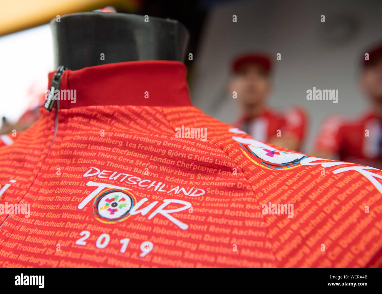 Hanover, Germany. 28th Aug, 2019. Cycling: Germany Tour, team presentation: The logo can be seen on the red jersey of the overall leader. Credit: Bernd Thissen/dpa/Alamy Live News Stock Photo