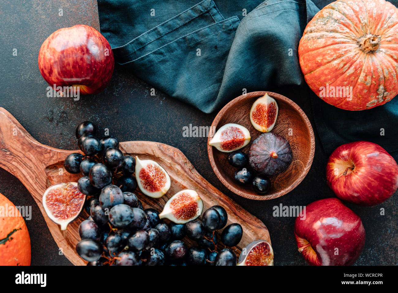 Top view of Autumn food still life with season fruits and vegetables ...