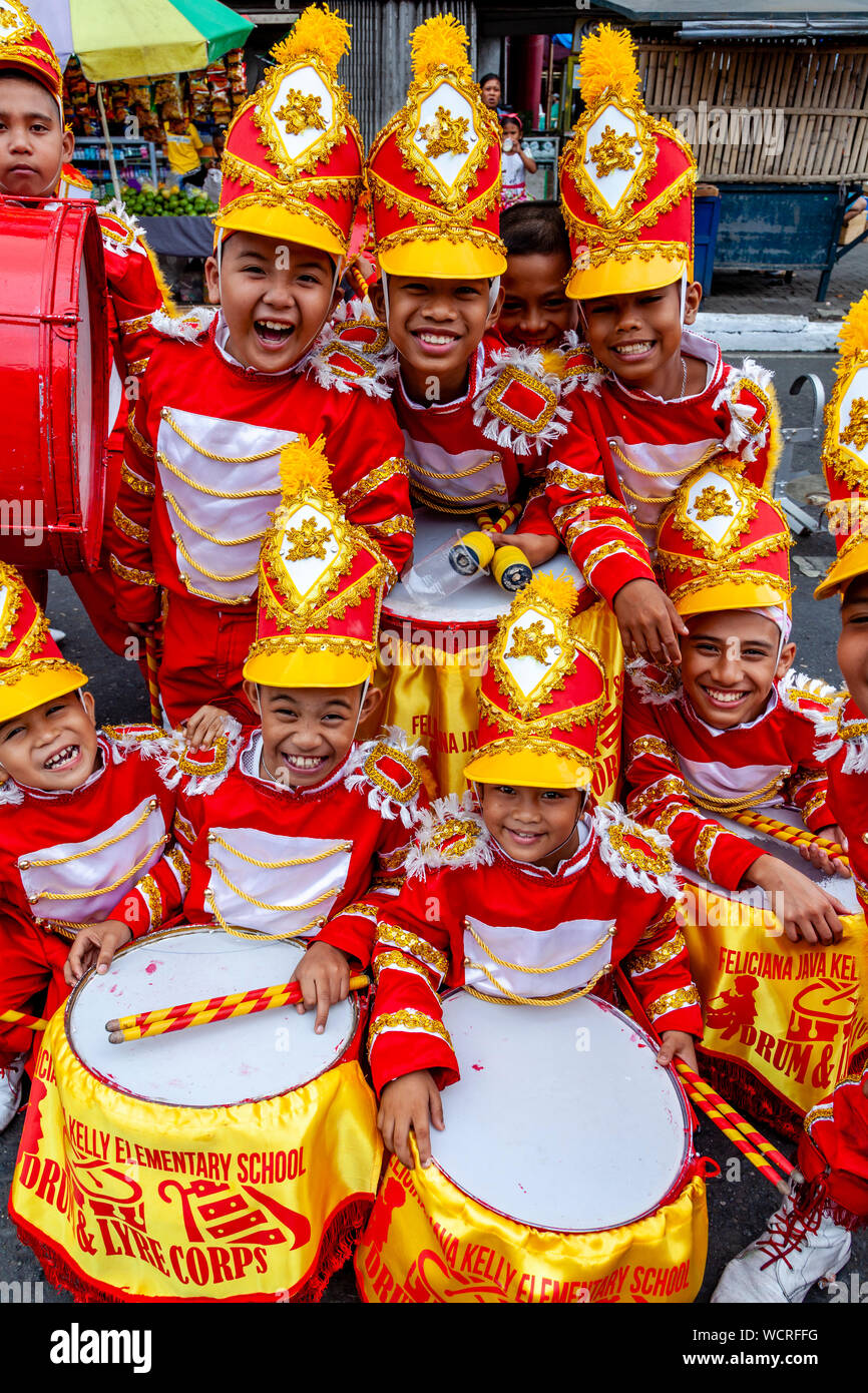 Boys From A Local Elementary School Compete In The Tambor Trumpa Martsa Musika (Drum & Bugle) Contest, Dinagyang Festival, Iloilo, The Philippines. Stock Photo