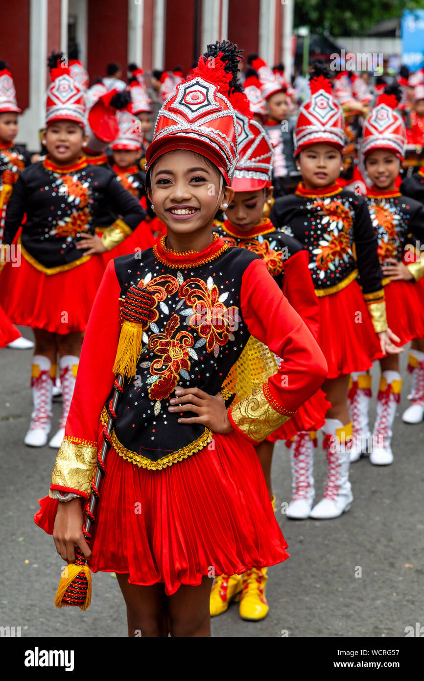 Local Elementary Schools Compete In The Tambor Trumpa Martsa Musika (Drum & Bugle Corps) Contest, Dinagyang Festival, Iloilo City, The Philippines. Stock Photo