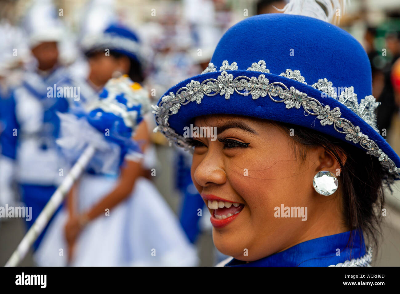 Filipino Secondary Schoolchildren Compete In The Tambor Trumpa Martsa Musika (Drum & Bugle Corps) Contest, Dinagyang Festival, Iloilo, The Philippines Stock Photo