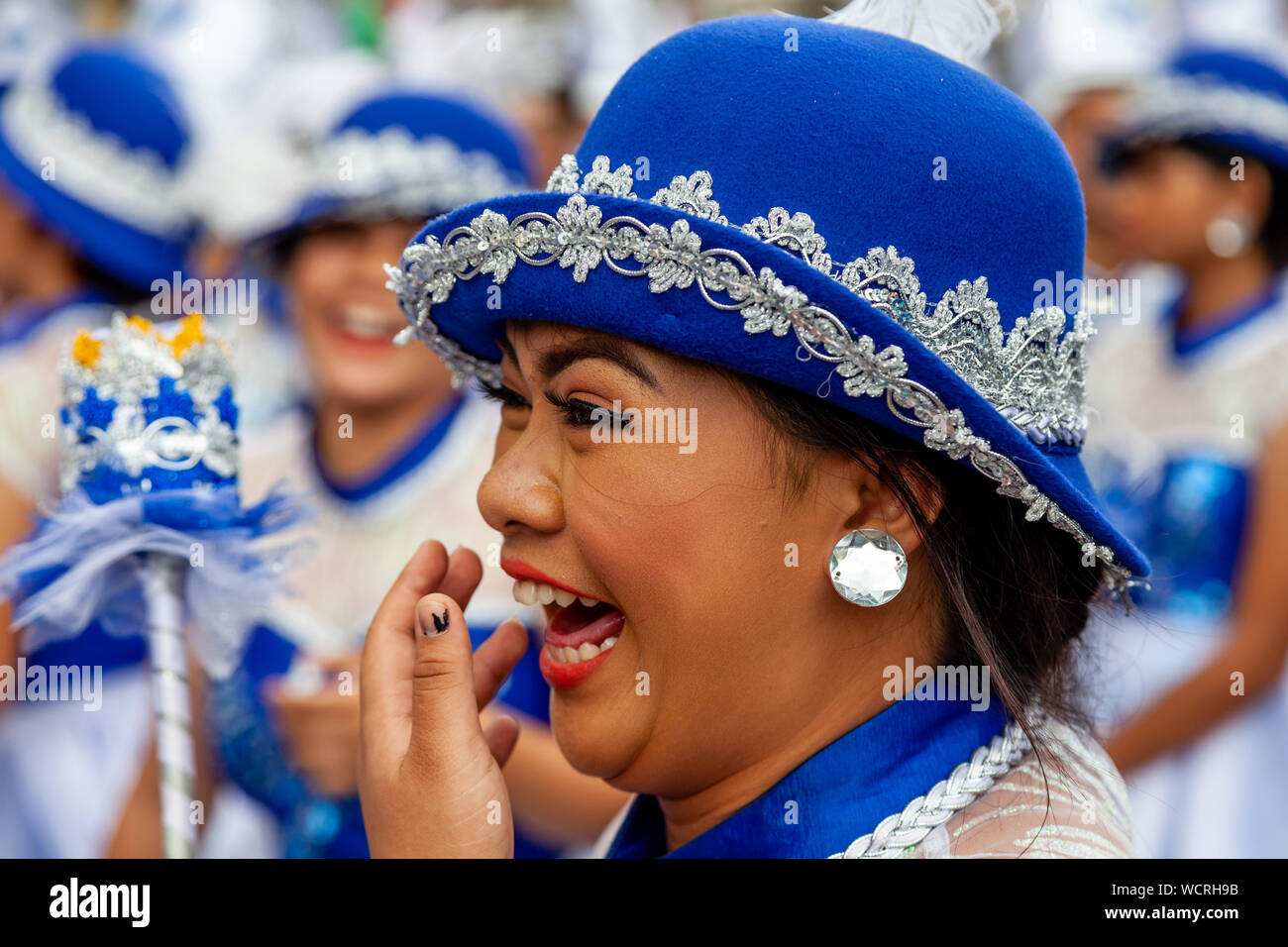 Filipino Secondary Schoolchildren Compete In The Tambor Trumpa Martsa Musika (Drum & Bugle Corps) Contest, Dinagyang Festival, Iloilo, The Philippines Stock Photo