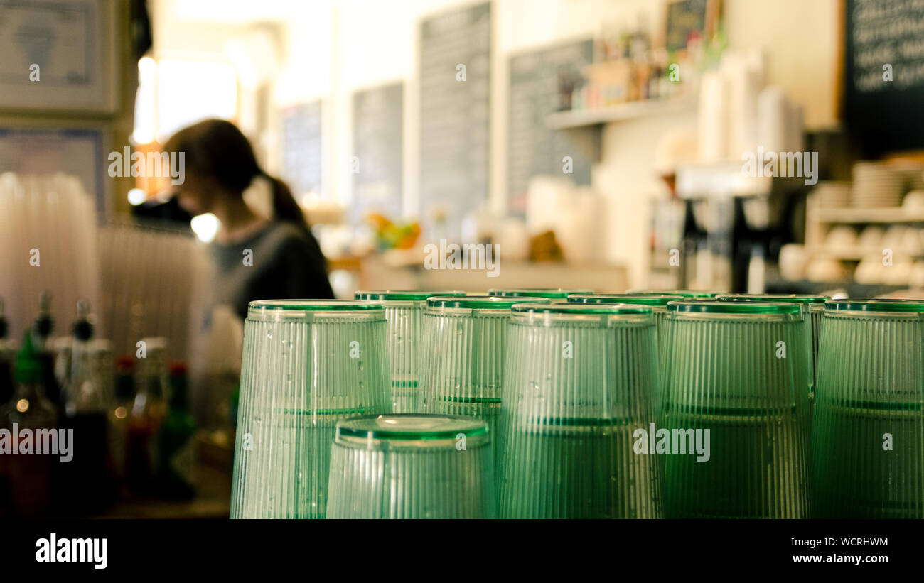 Upside Down Wet Drinking Glasses In Cafe Stock Photo Alamy