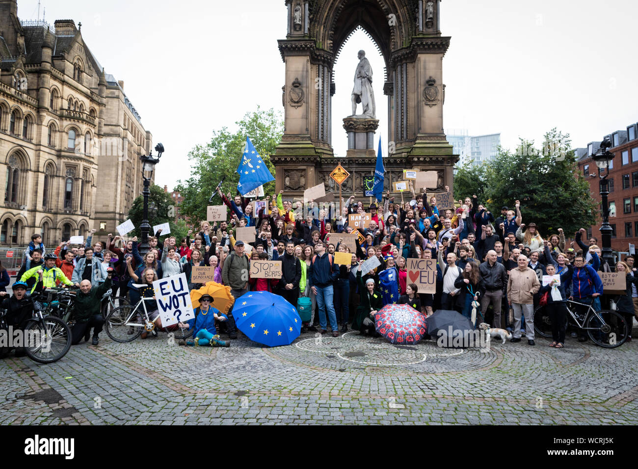 Manchester, UK. 28 August, 2019. Demonstrators gather at the Town Hall, Albert Square this evening in light of the Queen approving the suspension of Parliament until October. Andy Barton/Alamy Live News Stock Photo