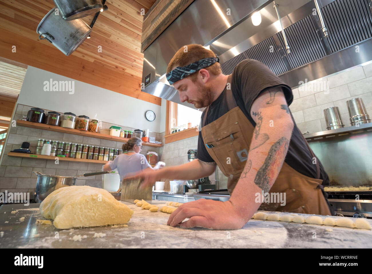 Chef making gnocci at the Minam River Lodge in Oregon's Wallowa Mountains. Stock Photo