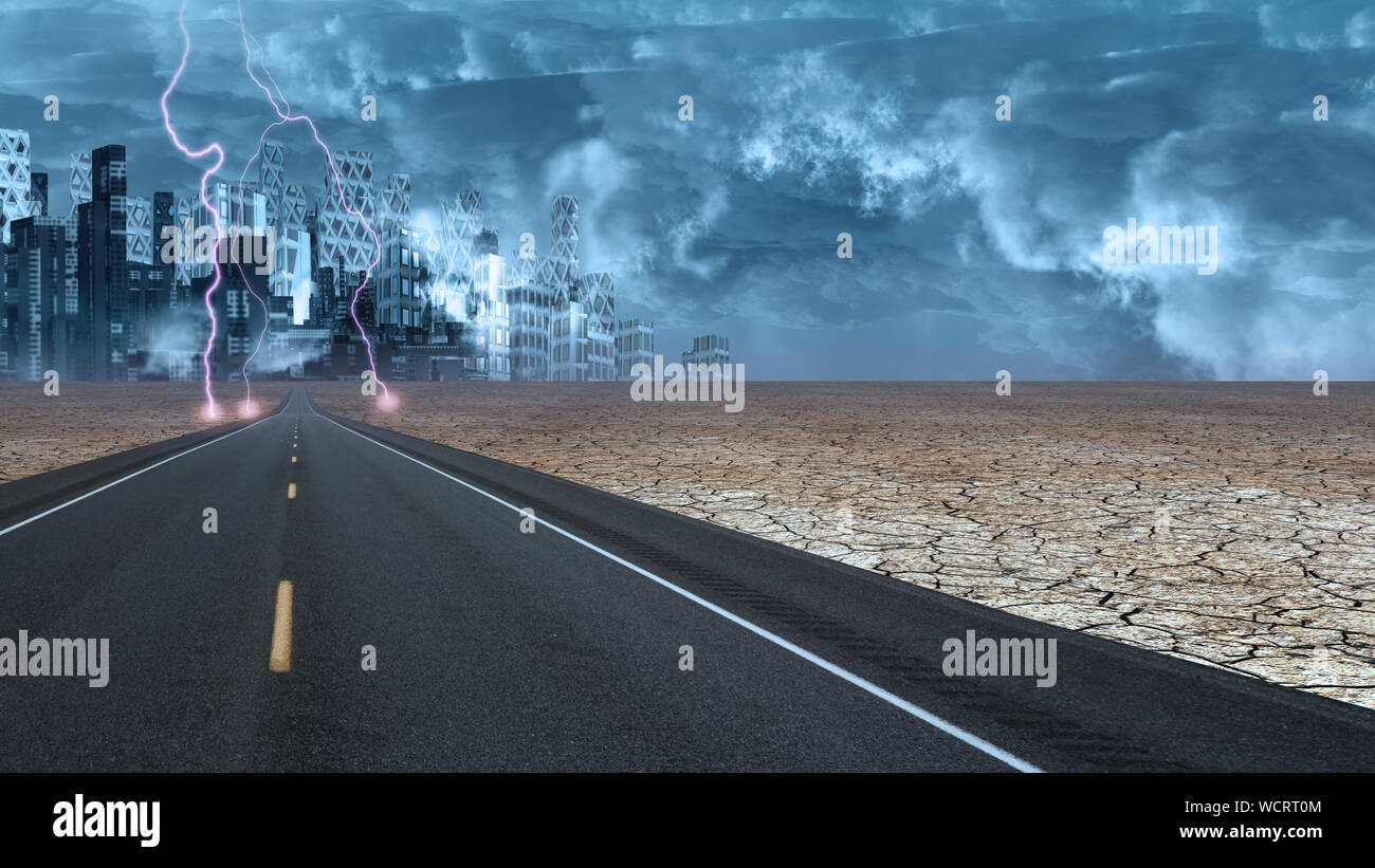 Stormy sky on desert road leading into futuristic city Stock Photo - Alamy