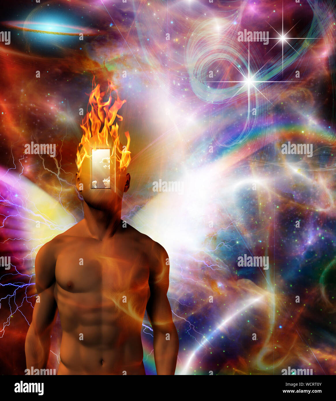 Burning Mind In Cosmic Space Man With Open Door Instead Of Face