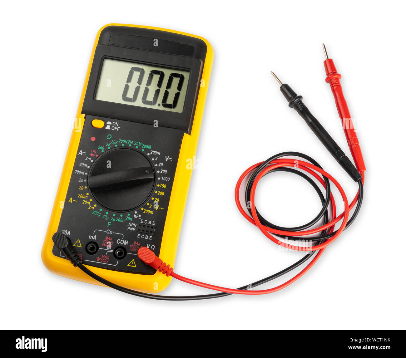 Yellow digital multimeter electronic measurement device tool with red and black cables isolated on white background. Installation service concept Stock Photo