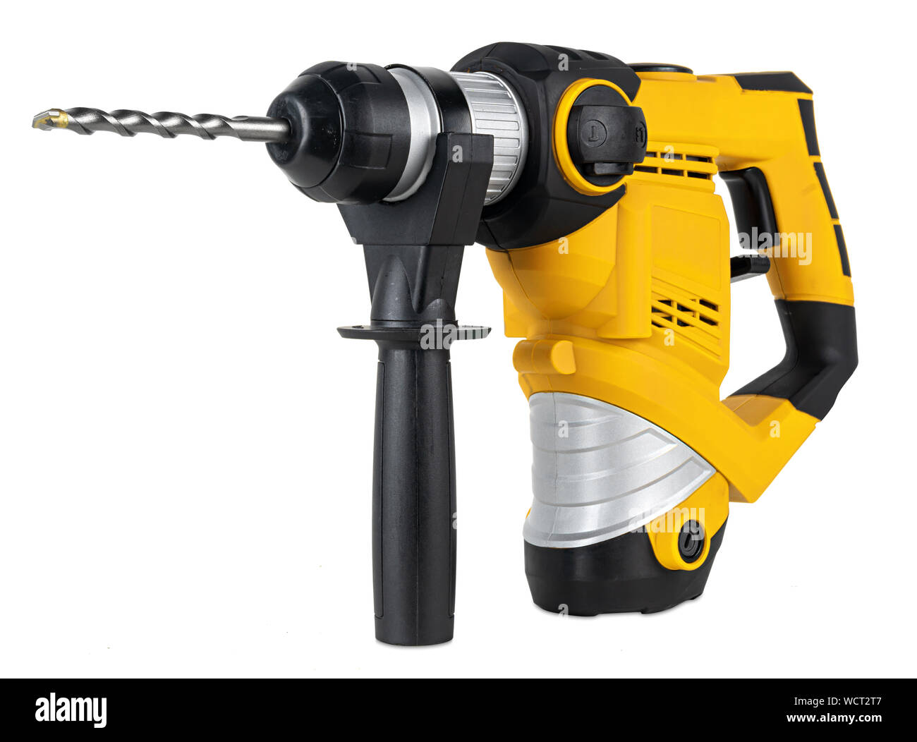 heavy yellow black jack-hammer drilling drill machine hand tool isolated on white background. Construction working industry tools concept Stock Photo