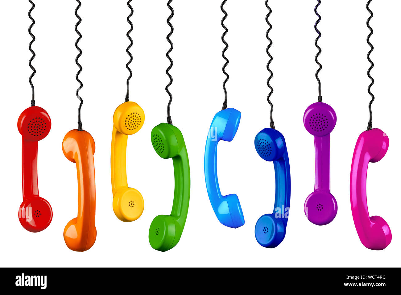 row of colorful rainbow colored old fashioned retro phone reciever with black telephone wire isolated on white background, business communication supp Stock Photo