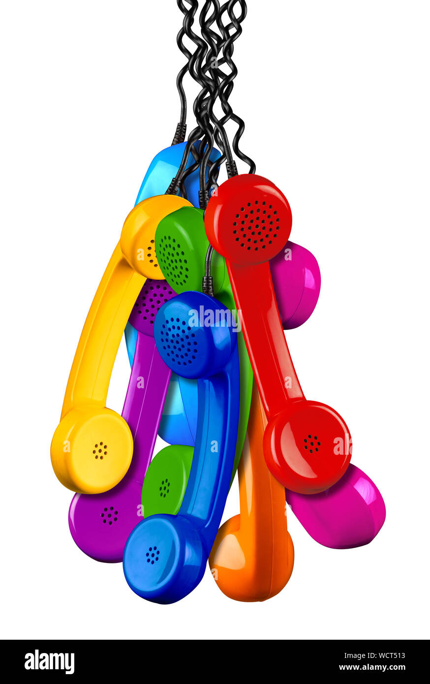 bunch of colorful rainbow colored old fashioned retro phone reciever with black telephone wire isolated on white background, business communication su Stock Photo