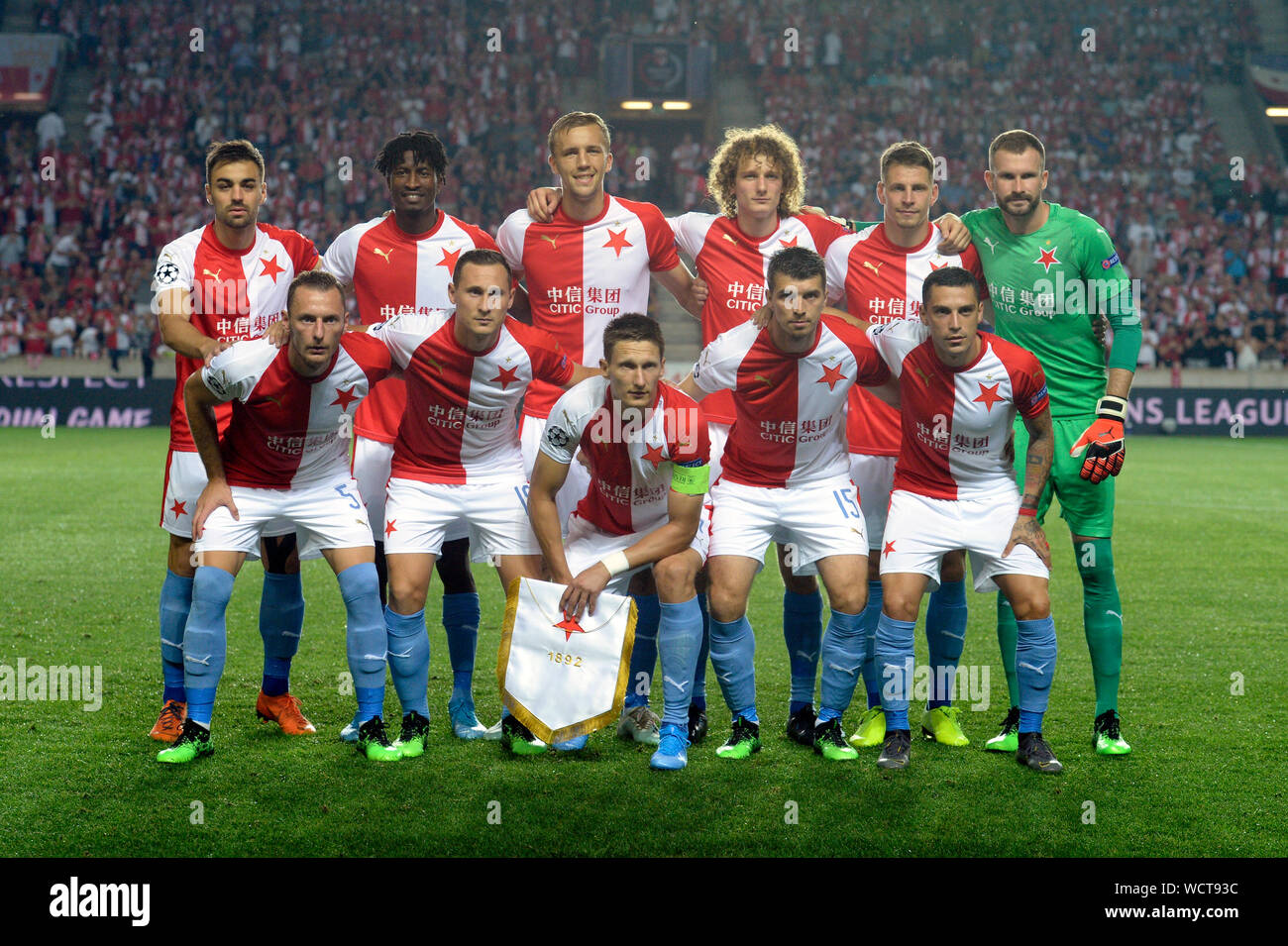 Sinobo Stadium, Prague. 28th Aug, 2019. Soccer players of Slavia Praha pose  for team photo prior to the Football Champions' League 4th qualifying round  return match: Slavia Prague vs Cluj-Napoca in Sinobo