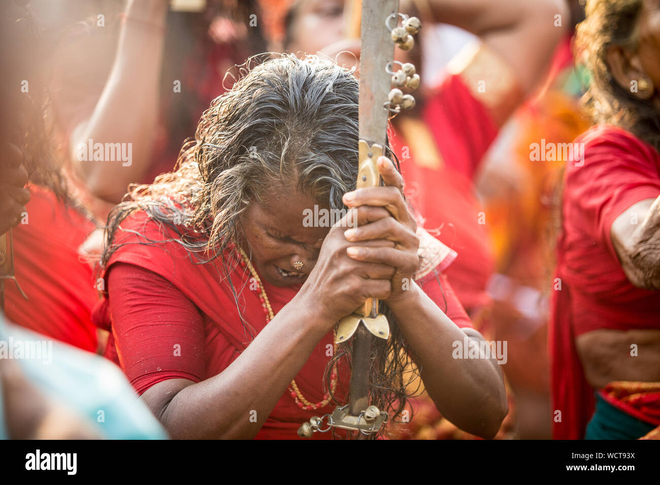 Kodungallur bharani kaavu theendal hindu festival indian culture kerala tourism devotion goddess tongue piercing religious ritual Stock Photo