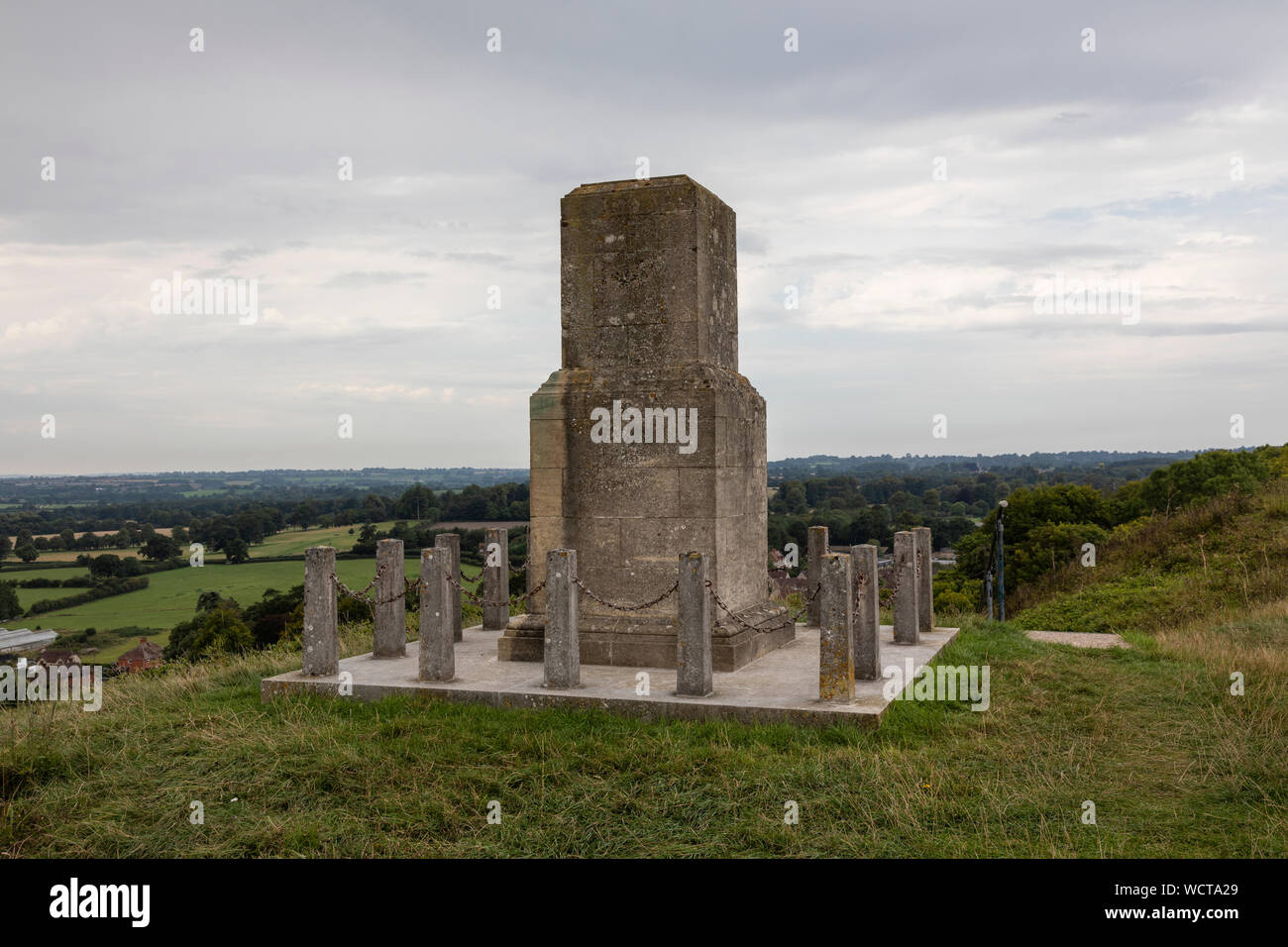 Memorial to the 43rd (Wessex) Infantry Division at the top of Castle Hill / Mere Castle, Mere, Wiltshire, England, UK Stock Photo