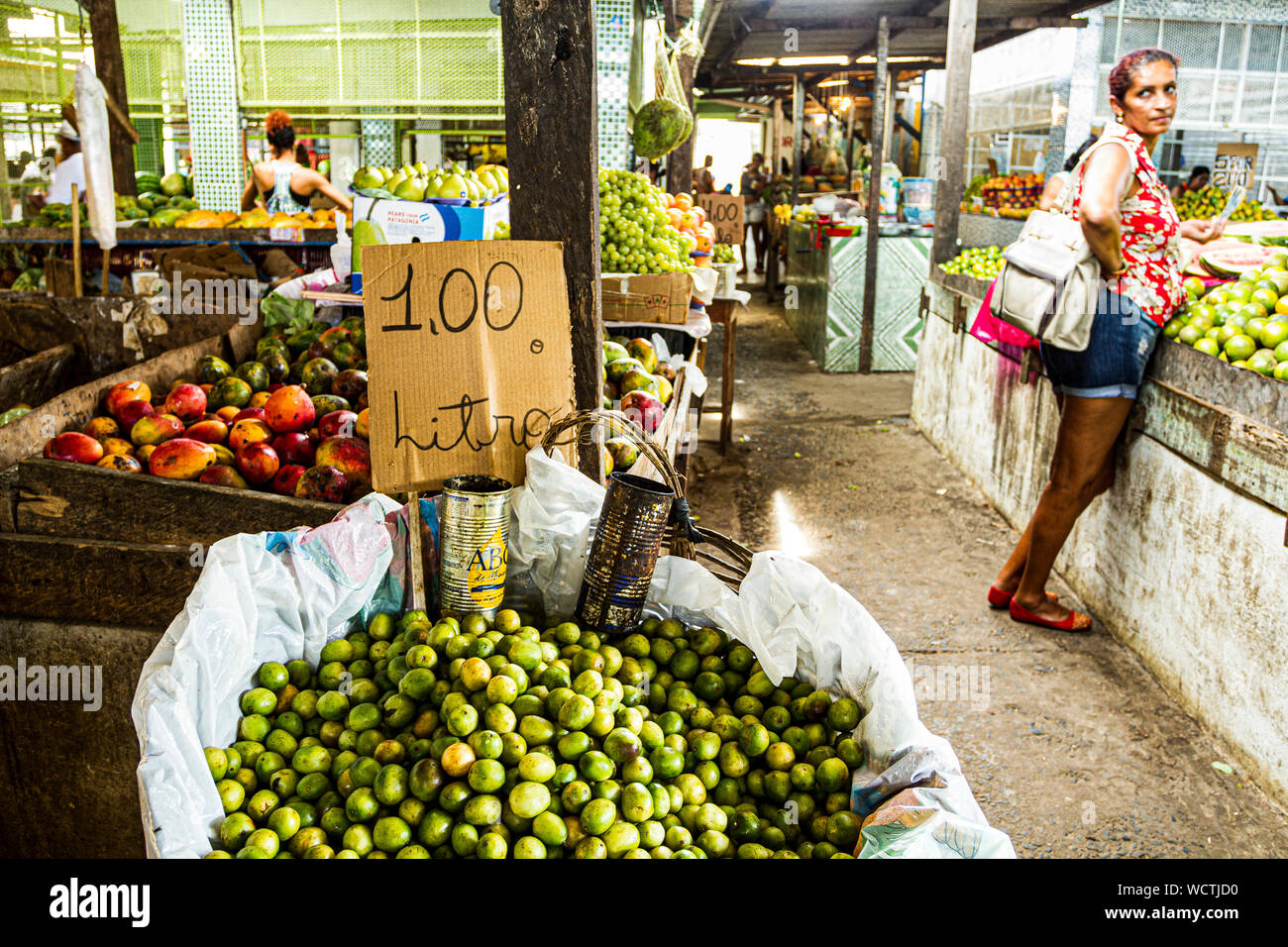 Umbu, typical fruit from northeastern Brazil, for sale at a public market known as Feira do Malhado. Ilheus, Bahia, Brazil. Stock Photo