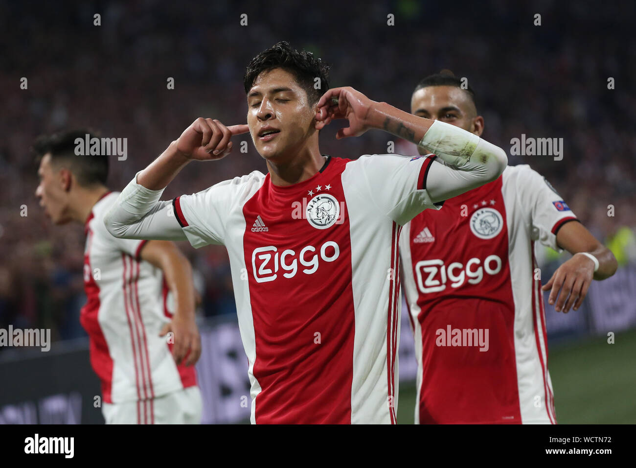 August 28, 2019: AMSTERDAM, NETHERLANDS - AUGUST 28, 2019: Edson Alvarez ( Ajax) celebrates after scoring during the second leg of the 2019/20 UEFA  Champions League Final Final Qualifying Round fixture between AFC