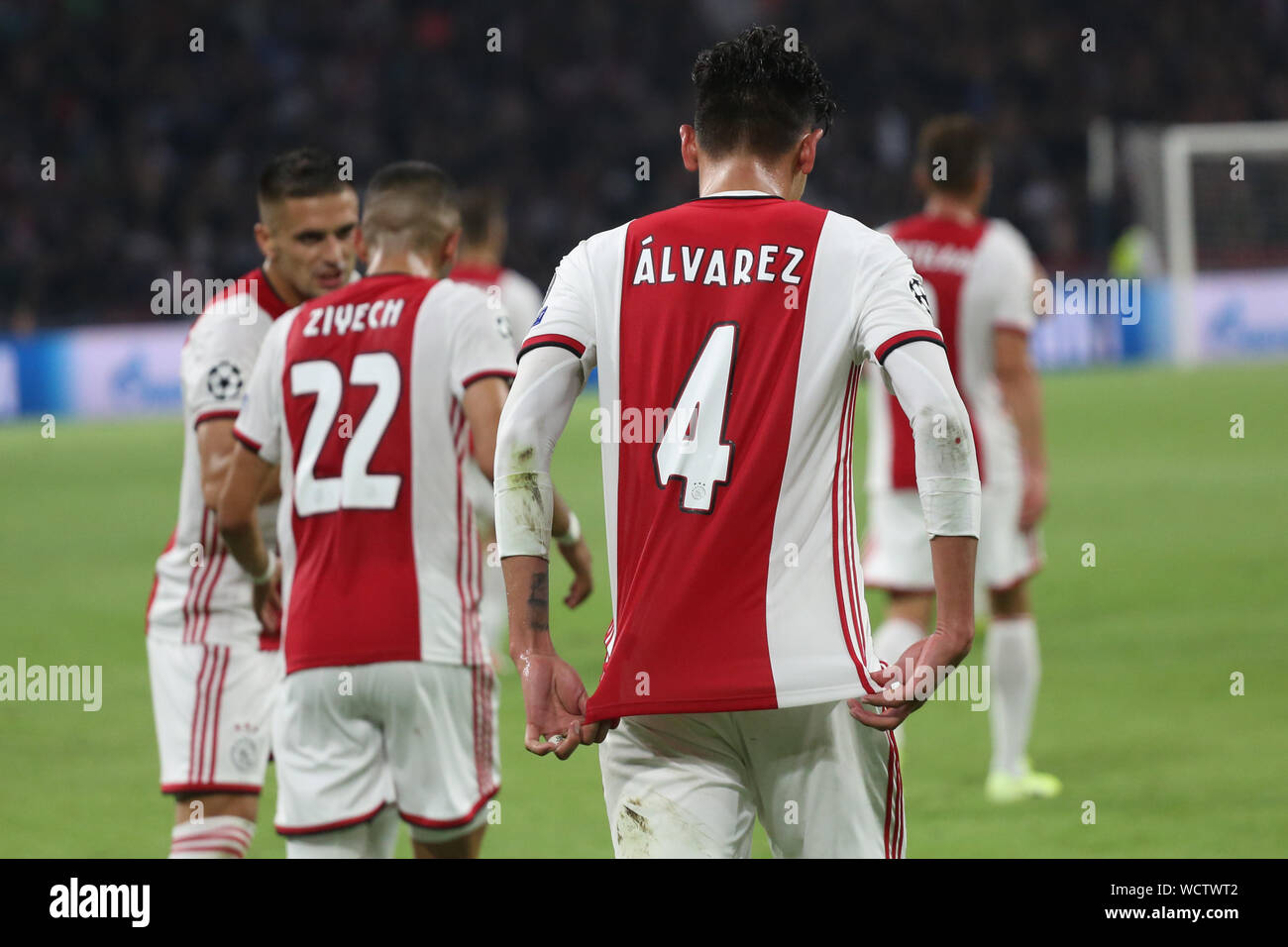 Amsterdam, Netherlands. 28th August, 2019. Edson Alvarez (Ajax) celebrates  after scoring during the second leg of the 2019/20 UEFA Champions League  Final Final Qualifying Round fixture between AFC Ajax (Netherlands) and  Apoel