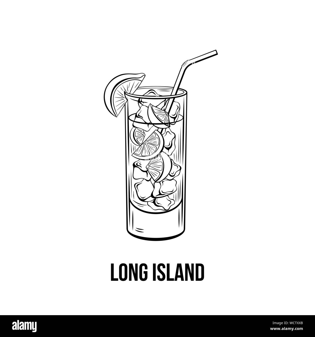 Cocktail in a glass with a straw on background of transparency, long island  iced tea. Stock Vector