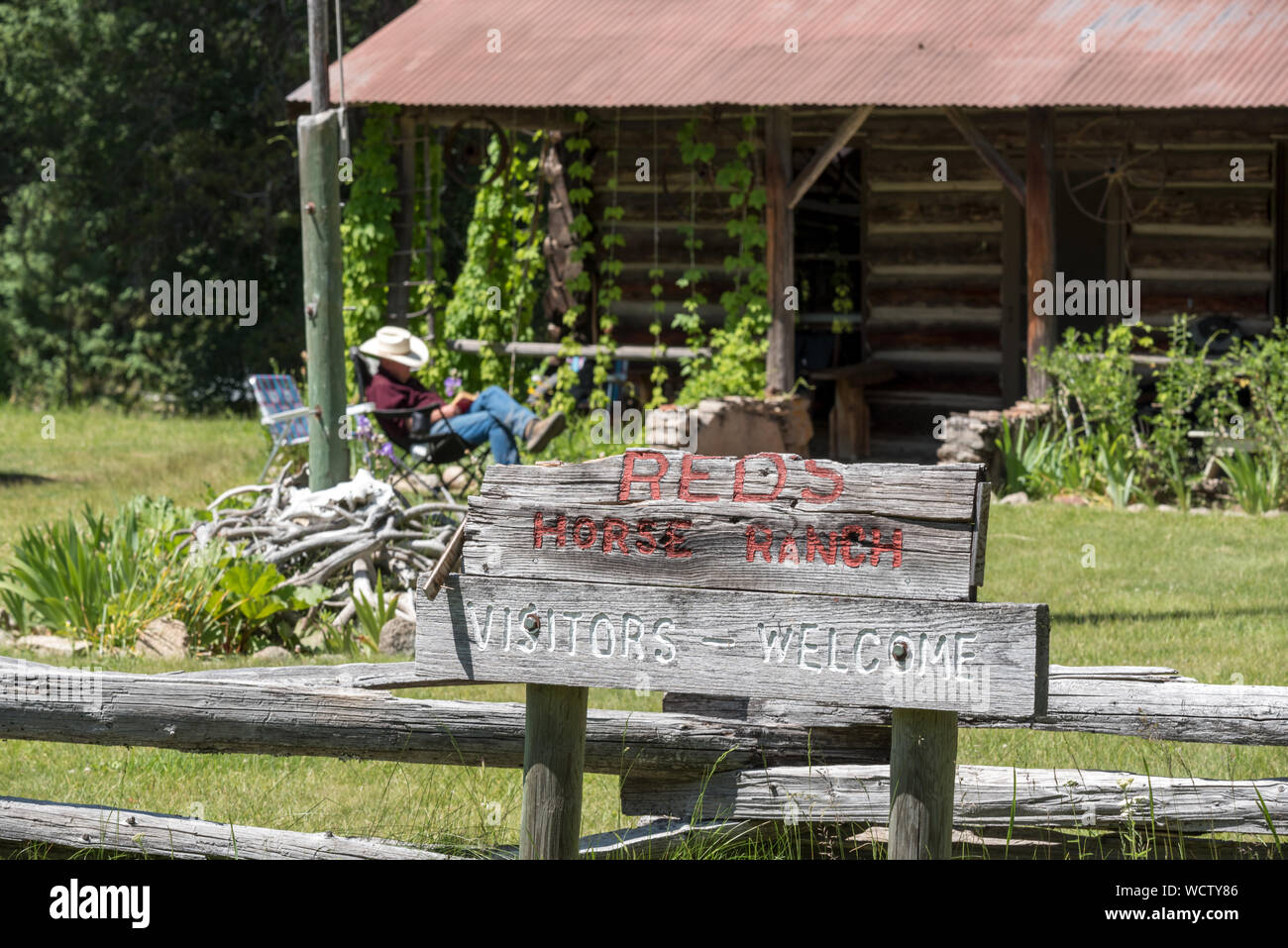 Caretaker reading a book in front of the log house at Reds Horse Ranch in Oregon's Wallowa Mountains. Stock Photo