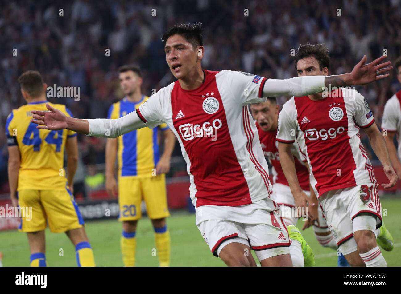 Amsterdam, Netherlands. 28th August, 2019. Edson Alvarez (Ajax) celebrates  after scoring during the second leg of the 2019/20 UEFA Champions League  Final Final Qualifying Round fixture between AFC Ajax (Netherlands) and  Apoel