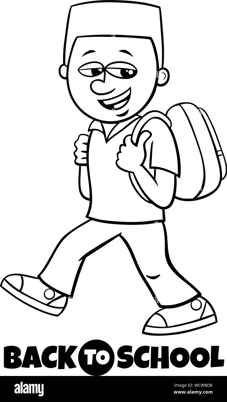 Black and White Cartoon Illustration of Elementary or Teen Age Boy Character with Back to School Sign Coloring Book Stock Vector