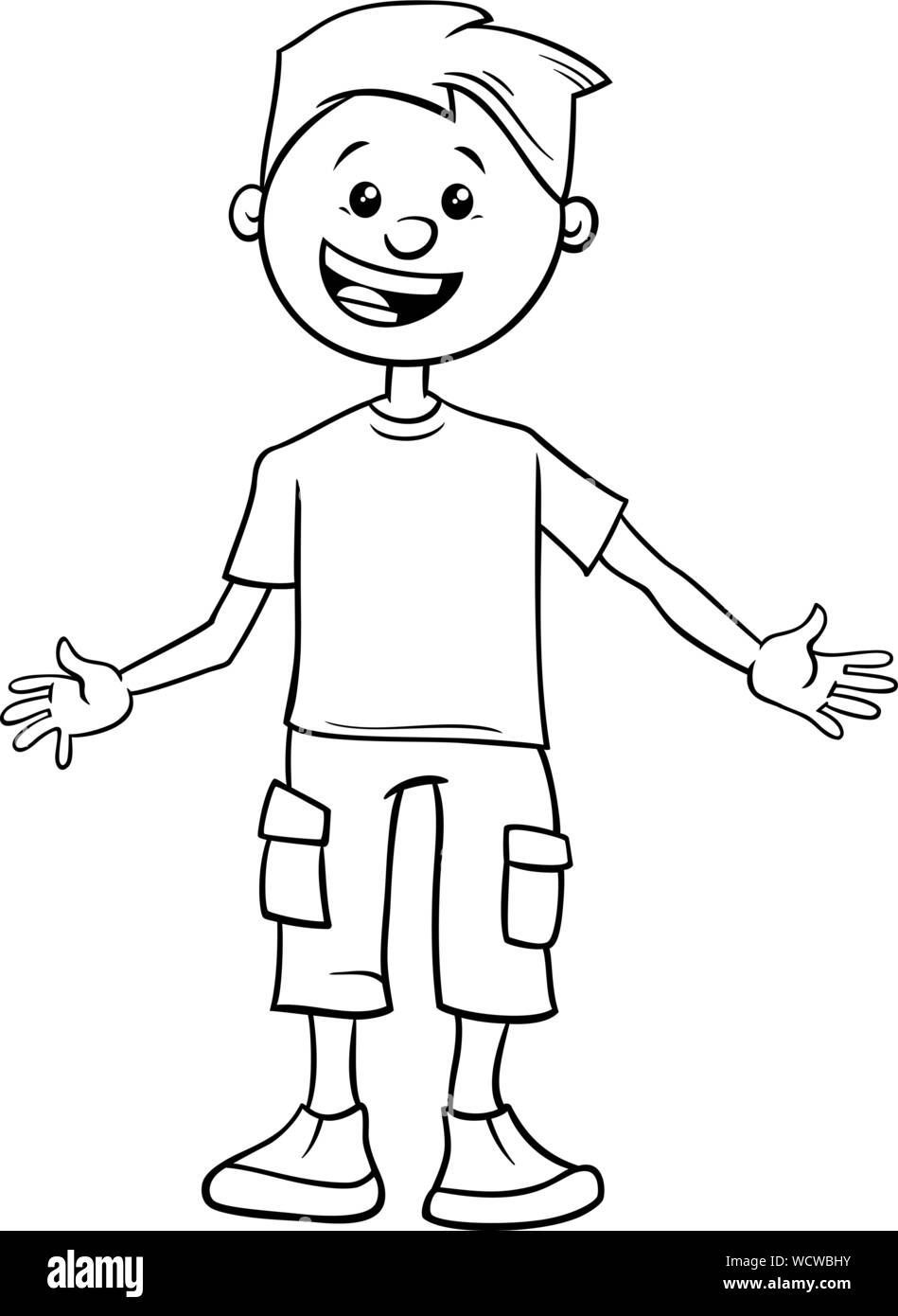 Black and White Cartoon Illustration of Elementary or Teen Age Happy Boy Character Coloring Book Stock Vector