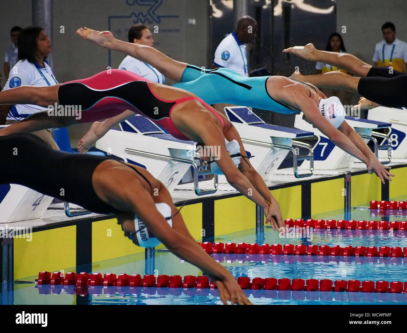 Swimming; Anicka Delgado from Ecuador, Isabella Paez from Venezuela and Kendyl Stewart from USA in action at the Lima 2019 Pan American Games Stock Photo