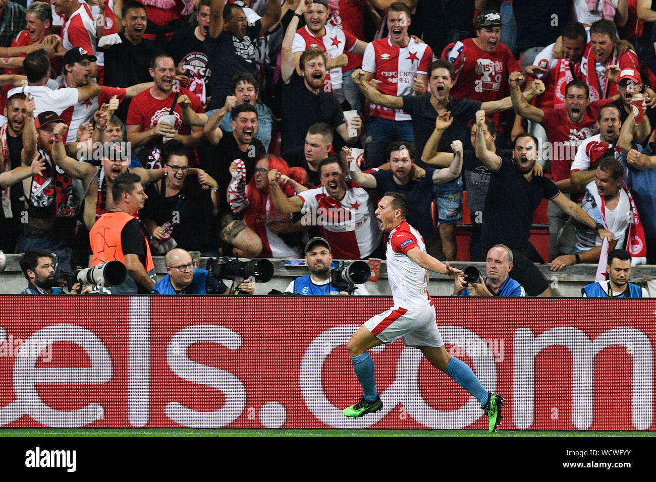 Prague, Czech Republic. 23rd Oct, 2019. JAN BORIL of Slavia Praha  celebrates after scoring goal during the UEFA Champions League, Group F  soccer match between Slavia Prague v FC Barcelona at Sinobo