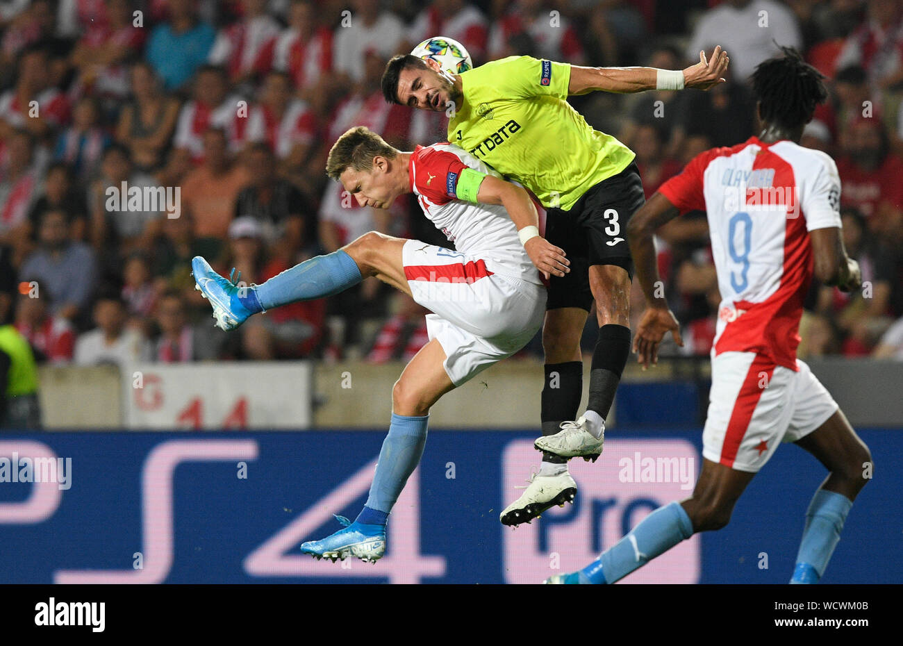 Sinobo Stadium, Prague. 28th Aug, 2019. From left MILAN SKODA of Slavia and ANDREI BURCA of