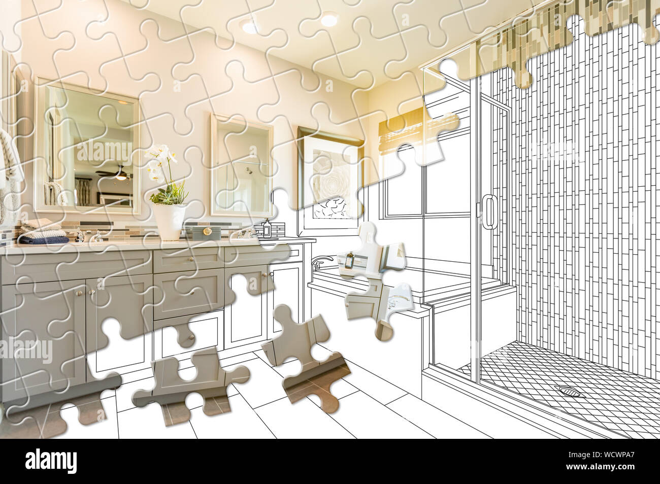 Puzzle Pieces Fitting Together Revealing Finished Bathroom Build Over