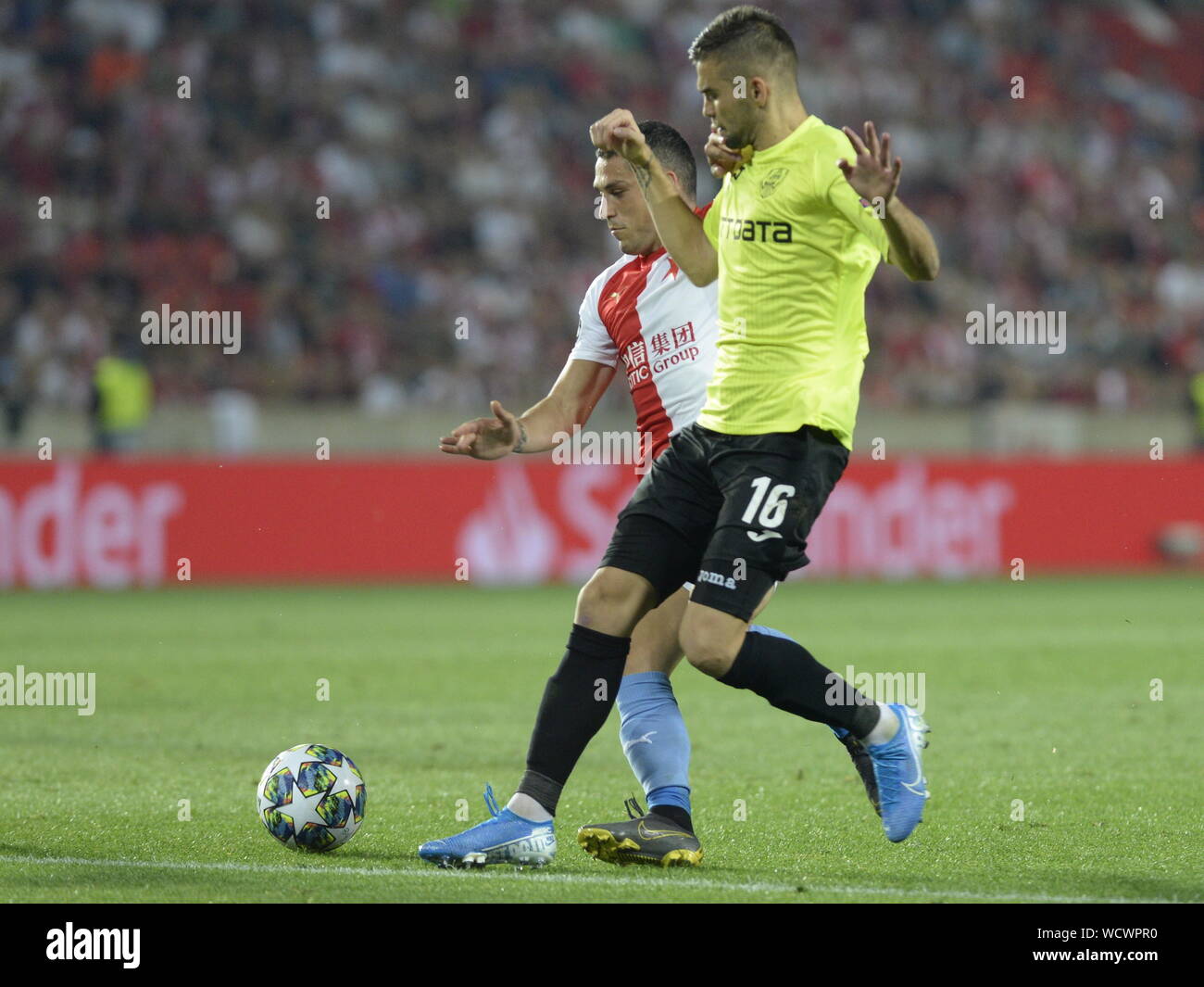 Sinobo Stadium, Prague. 28th Aug, 2019. Soccer players of Slavia Praha pose  for team photo prior to the Football Champions' League 4th qualifying round  return match: Slavia Prague vs Cluj-Napoca in Sinobo