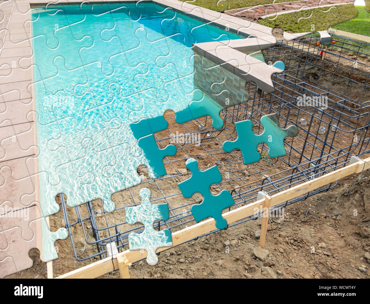 Puzzle Pieces Fitting Together Revealing Finished Pool Build Over Construction. Stock Photo