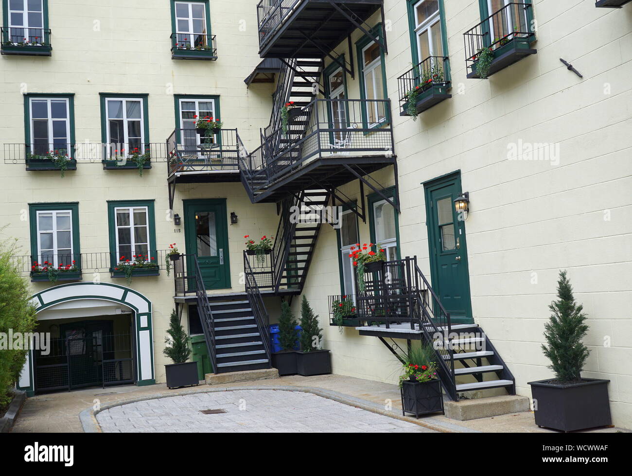 Urban garden, plants and flowers hanging on windowsills, Old Quebec City, Canada Stock Photo