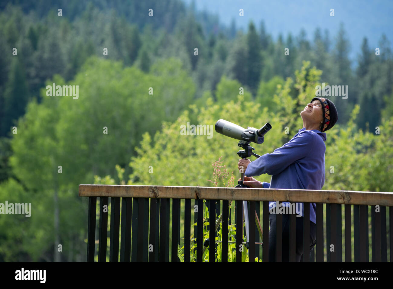 Woman looking for wildlife through a spotting scope on the deck of the Minam River Lodge in Oregon's Wallowa Mountains. Stock Photo