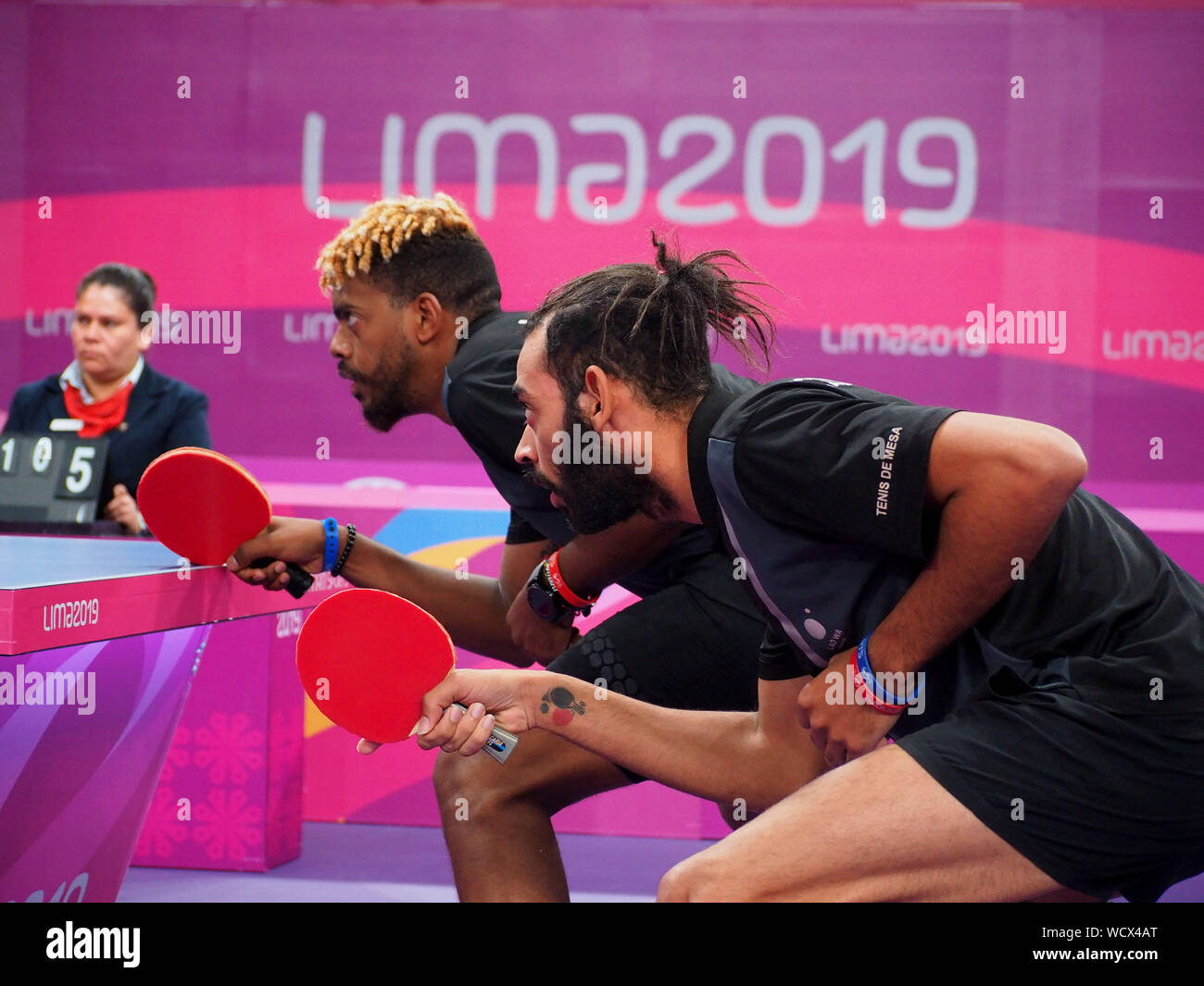 Table Tennis; Livan Martinez and Jorge Campos from Cuba in action at the Lima 2019 Pan American Games Stock Photo