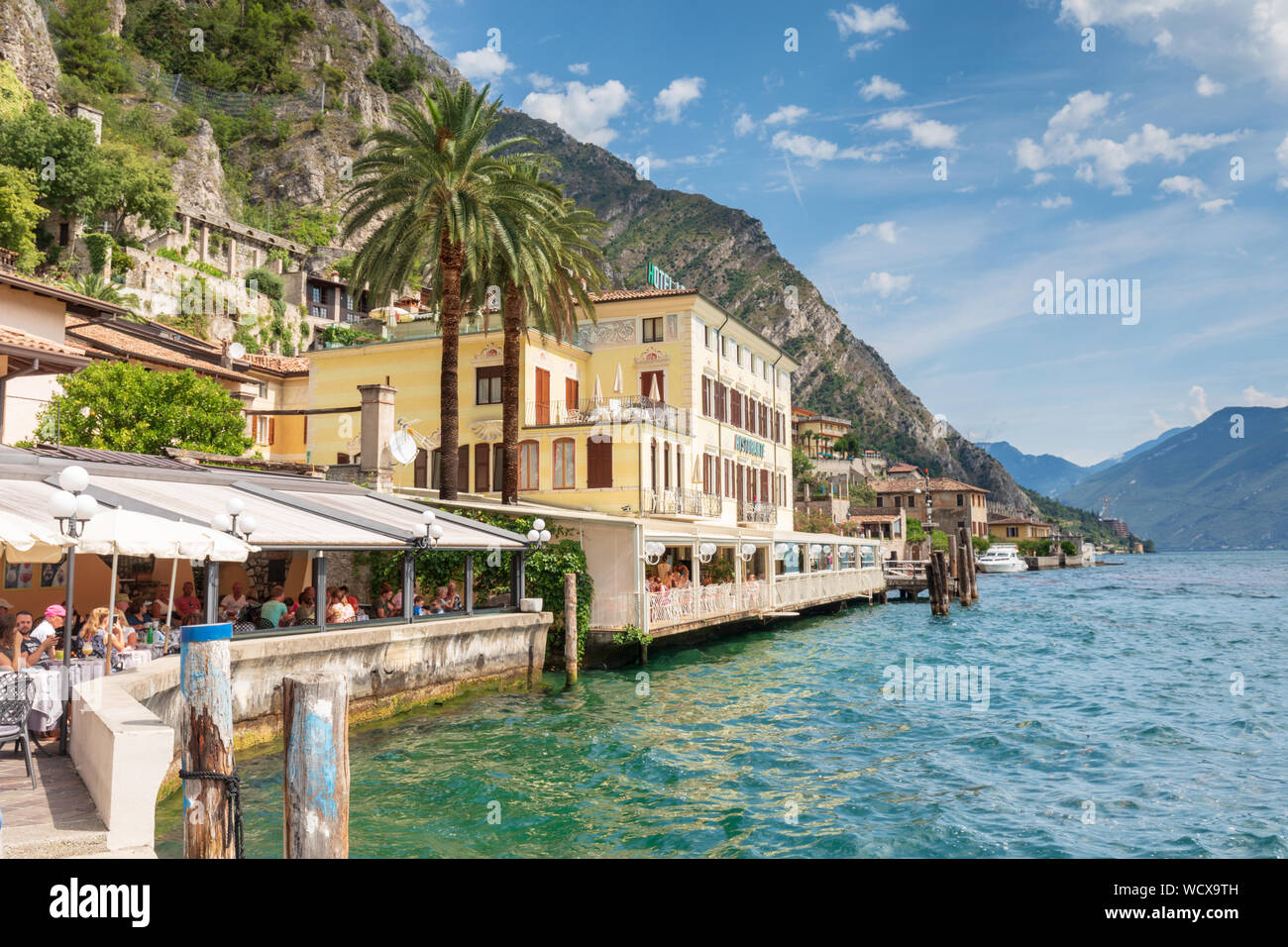 Limone sul Garda, Lake Garda - cafes on the waterfront next to the Lake. Stock Photo