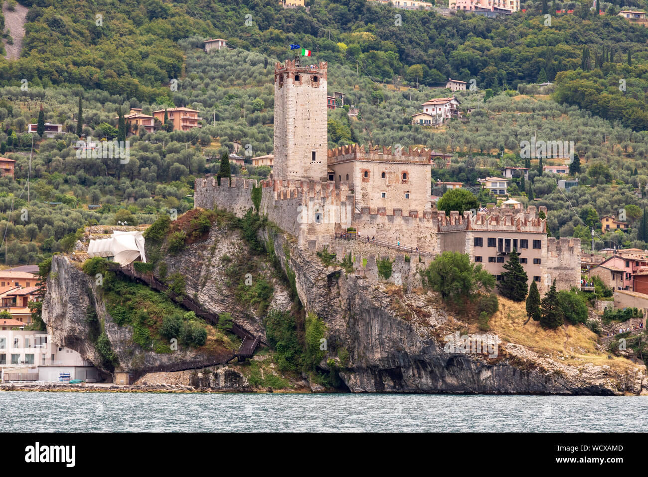 Malcesine Castle Lake Garda Italy.  View from lake. Stock Photo