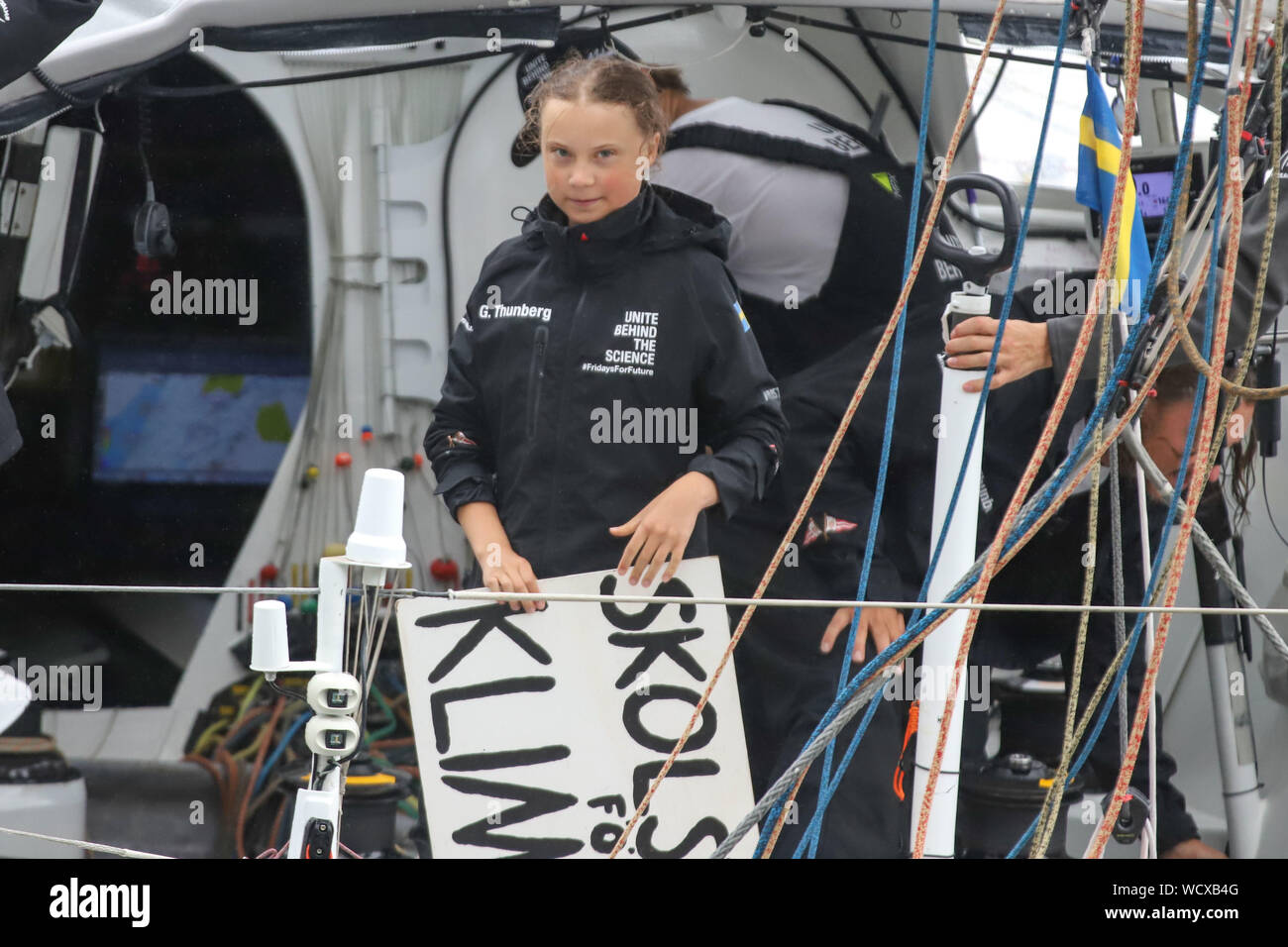 New York, United States. 28th Aug, 2019. Swedish climate activist Greta Thunberg, 16, arrives in the US after a 15-day journey crossing the Atlantic in the Malizia II, a zero-carbon yacht, on August 28, 2019 in New York. - 'Land! The lights of Long Island and New York City ahead,' she tweeted early Wednesday. She later wrote on Twitter that her yacht had anchored off the entertainment district of Coney Island in Brooklyn to clear customs and immigration. Credit: Brazil Photo Press/Alamy Live News Stock Photo