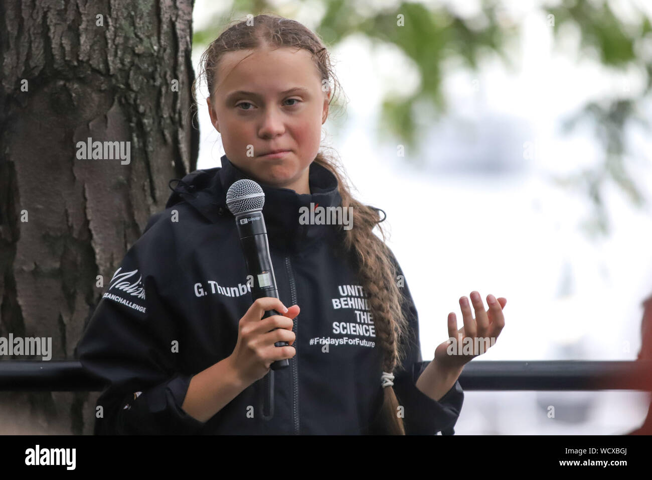 New York, United States. 28th Aug, 2019. Swedish climate activist Greta Thunberg, 16, arrives in the US after a 15-day journey crossing the Atlantic in the Malizia II, a zero-carbon yacht, on August 28, 2019 in New York. - 'Land! The lights of Long Island and New York City ahead,' she tweeted early Wednesday. She later wrote on Twitter that her yacht had anchored off the entertainment district of Coney Island in Brooklyn to clear customs and immigration. Credit: Brazil Photo Press/Alamy Live News Stock Photo