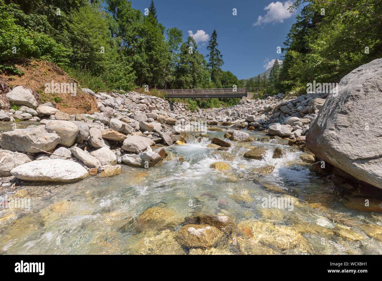 Footbrdge on the Balcon Sud over the River Arve near Montroc in the chamonix valley Stock Photo