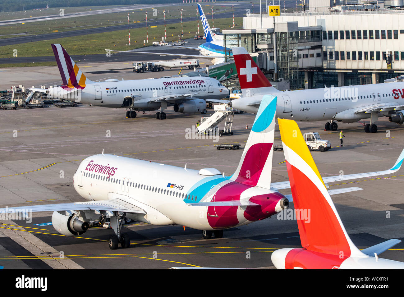 Düsseldorf International Airport, DUS, apron Terminal A and B, aircraft  from Swiss, ANA, Germanwings, Eurowings, Airbus Stock Photo - Alamy