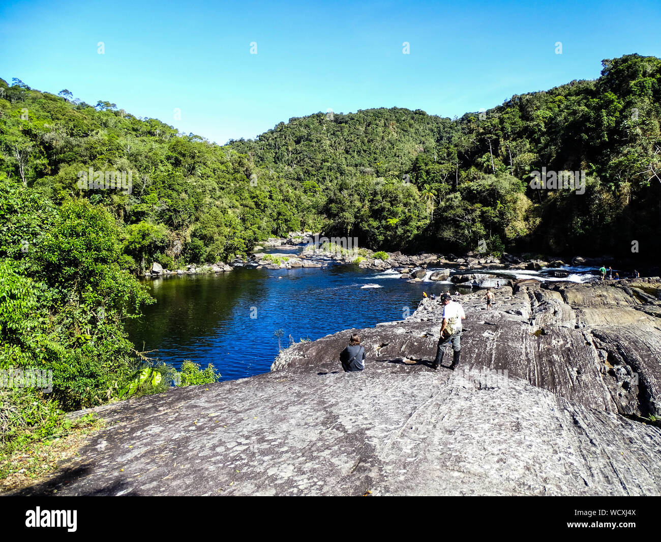 Scenic View Of River In Forest Against Clear Blue Sky Stock Photo