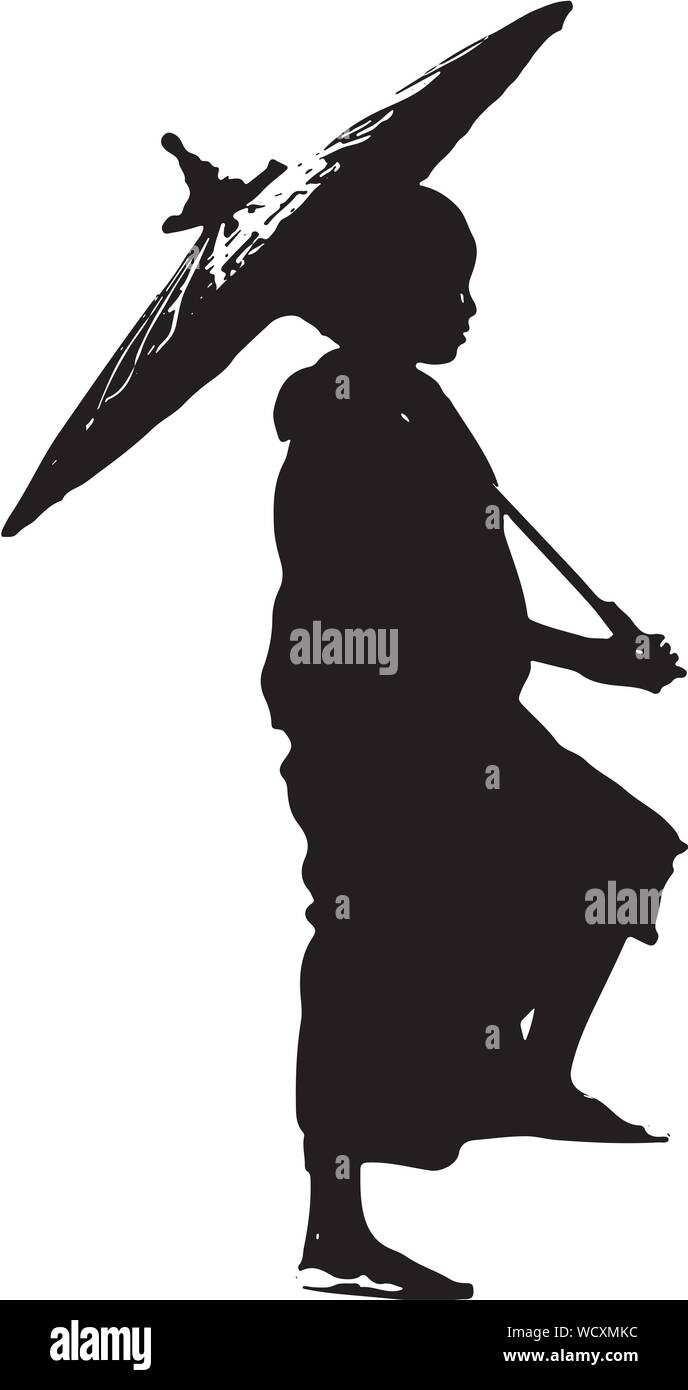 Young Buddhist Monk Carrying Umbrella, Black and White Silhouette Stock Vector
